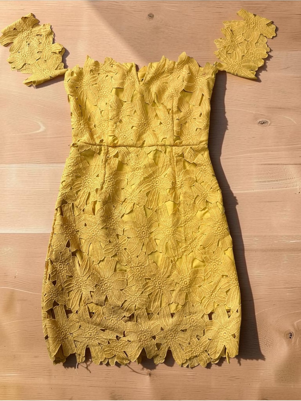 Off-Shoulder Yellow Floral Lace Mini Dress